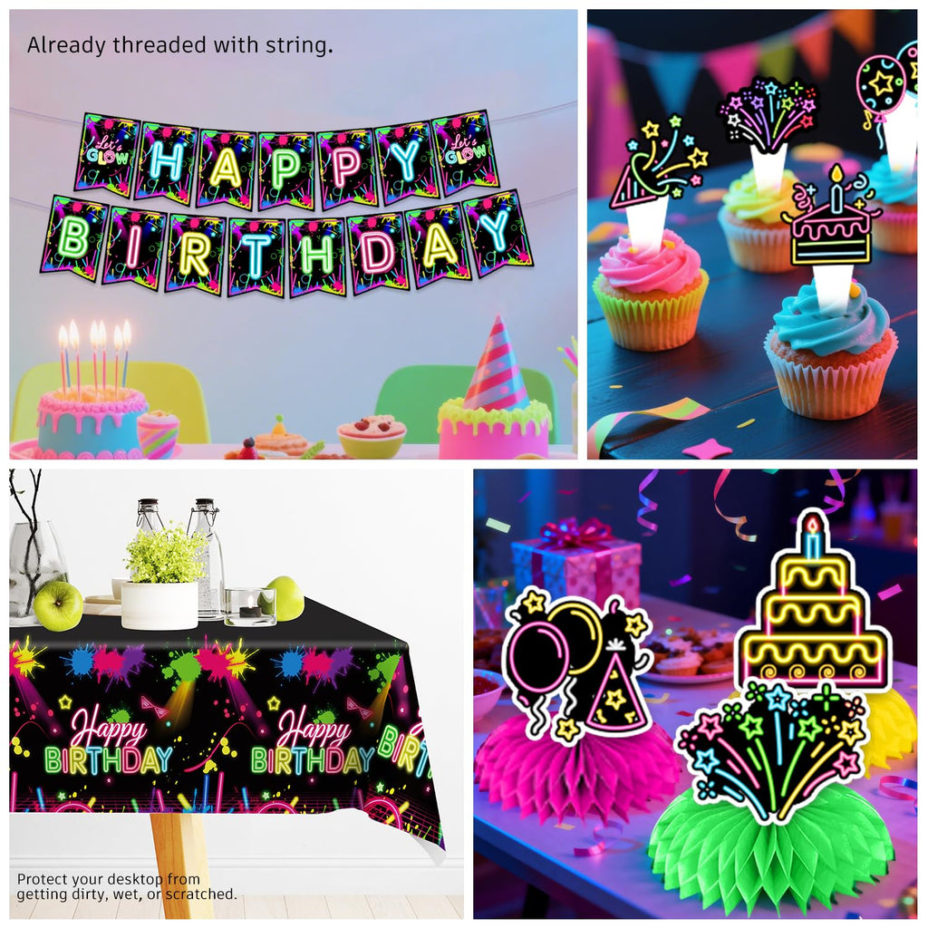 wellspar 205pcs Neon Birthday Party Decorations-Serves 25, All-in-one Glow Party Decorations with 350gsm Plate, Cake Topper, Tablecloth, Centerpiece, Banner, Hanging Swirls, Balloon