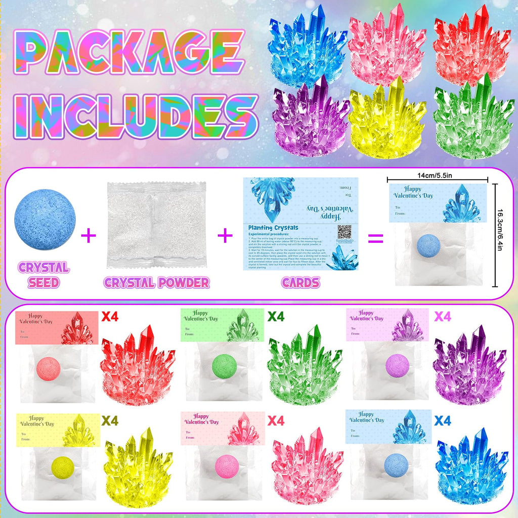 24 Pack Valentines Day Gifts for Kids - Crystal Growing Science Kit with Valentine Cards, Unique Class Classroom Exchange Cards, School Party Favors and Goodie Bags Stuffers for Girls Boys