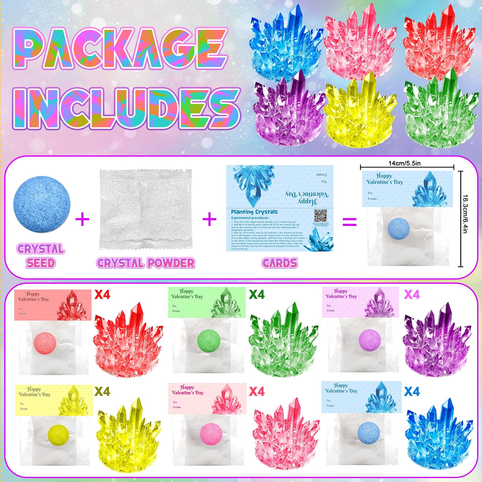 24 Pack Valentines Day Gifts for Kids - Crystal Growing Science Kit with Valentine Cards, Unique Class Classroom Exchange Cards, School Party Favors and Goodie Bags Stuffers for Girls Boys