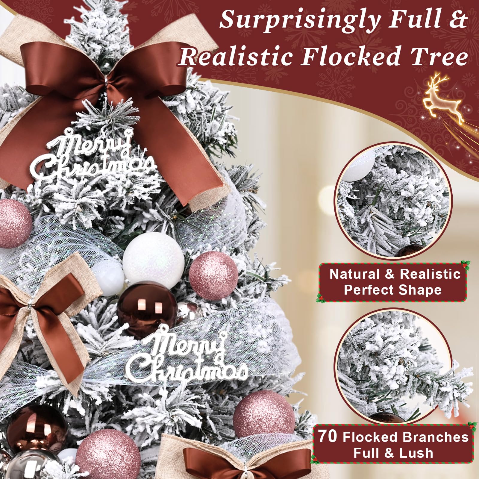 Uspring 2Ft Flocked Small Christmas Tree with Lights, Artificial Table Top Christmas Tree with 62 Pre-Decorated Ornaments, Full Mini Xmas Trees for Indoor Holiday Decor