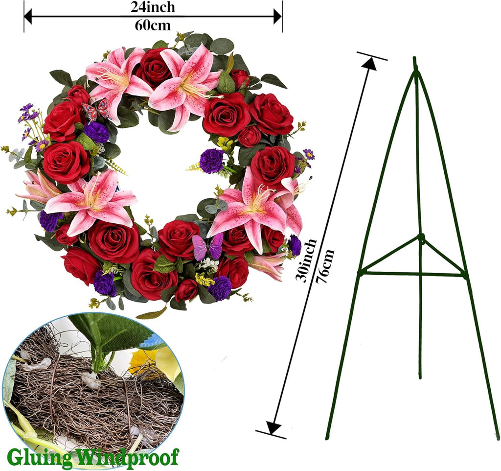 Regine Switzerland Cemetery Wreath - Handmade Floral Arrangement with 30-Inch Easel Stand | Red & Pink Roses, Lilies, Daisies, and Carnations