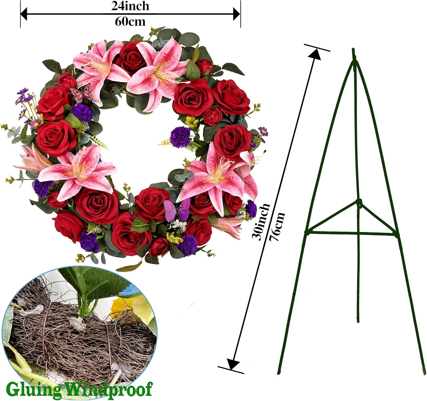 Regine Switzerland Cemetery Wreath - Handmade Floral Arrangement with 30-Inch Easel Stand | Red & Pink Roses, Lilies, Daisies, and Carnations