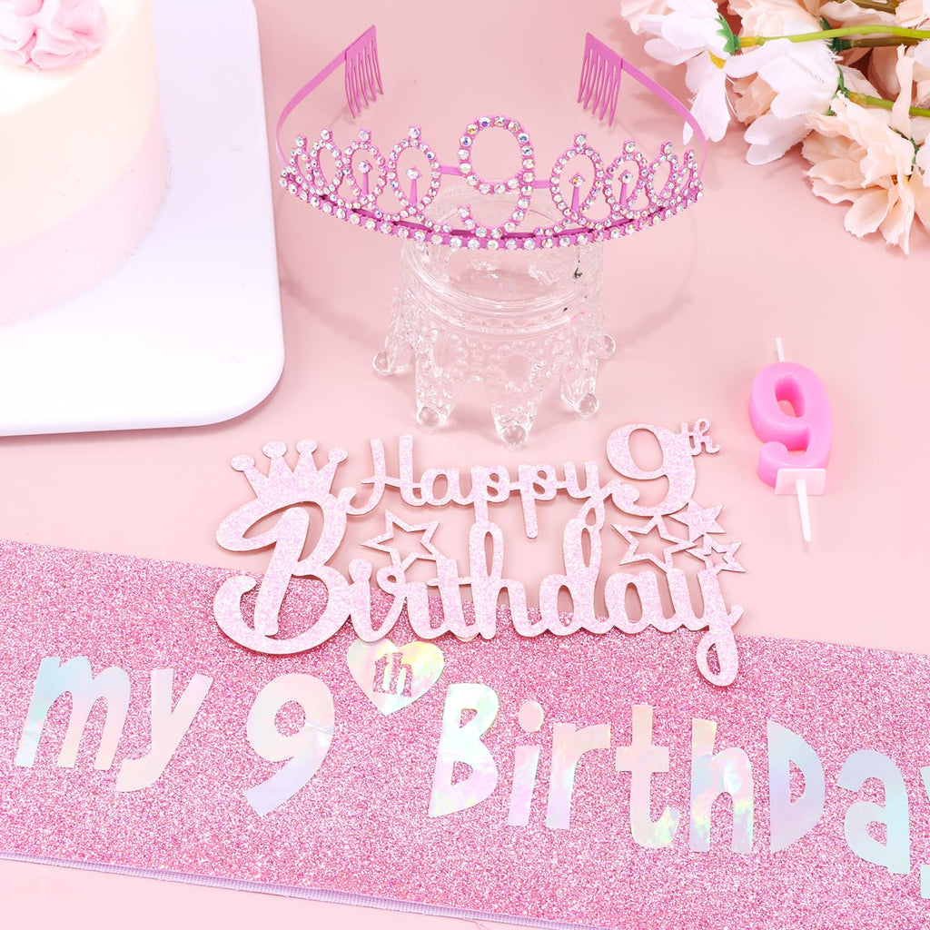 Vovii 9th Birthday Party Decorations Set for Girls- Pink Crown, Glitter Sash, Number 9 Candle & Cake Topper Kit for Birthday Celebrations Party Supplies Gift
