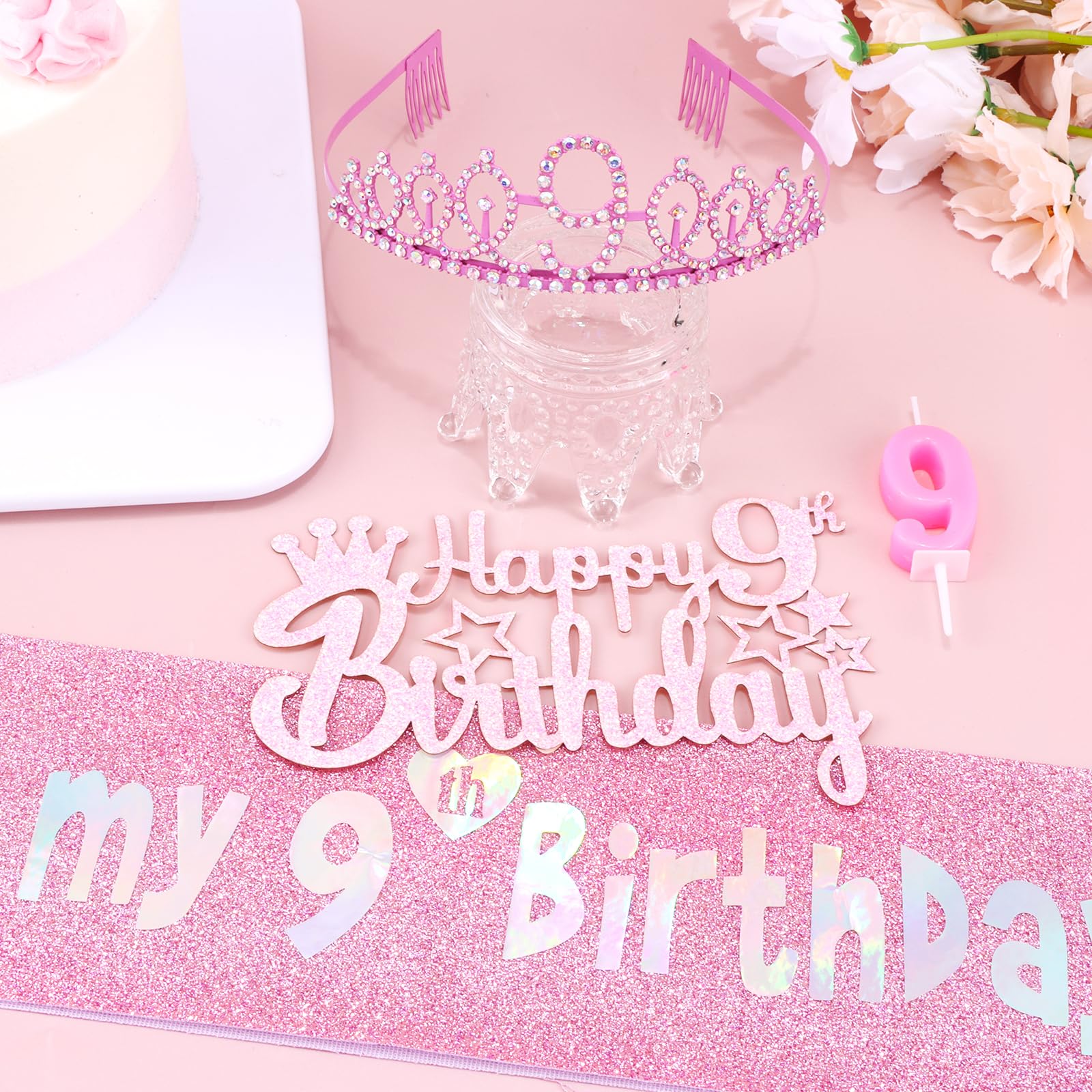 Vovii 9th Birthday Party Decorations Set for Girls- Pink Crown, Glitter Sash, Number 9 Candle & Cake Topper Kit for Birthday Celebrations Party Supplies Gift