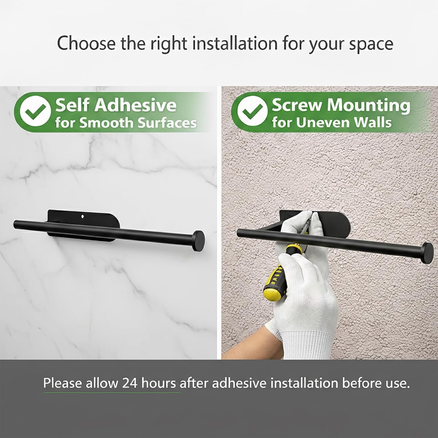 Skiennix Paper Towel Holder - Self-Adhesive or Screw Mount | Durable Black SUS304 Stainless Steel for Kitchen & Bathroom