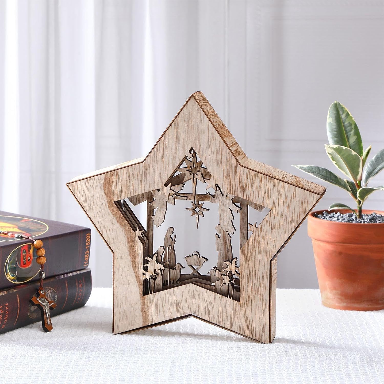 Skiennix Wooden Nativity Scene Set - Rustic Christmas Tabletop Decoration with LED Light | Indoor Decor