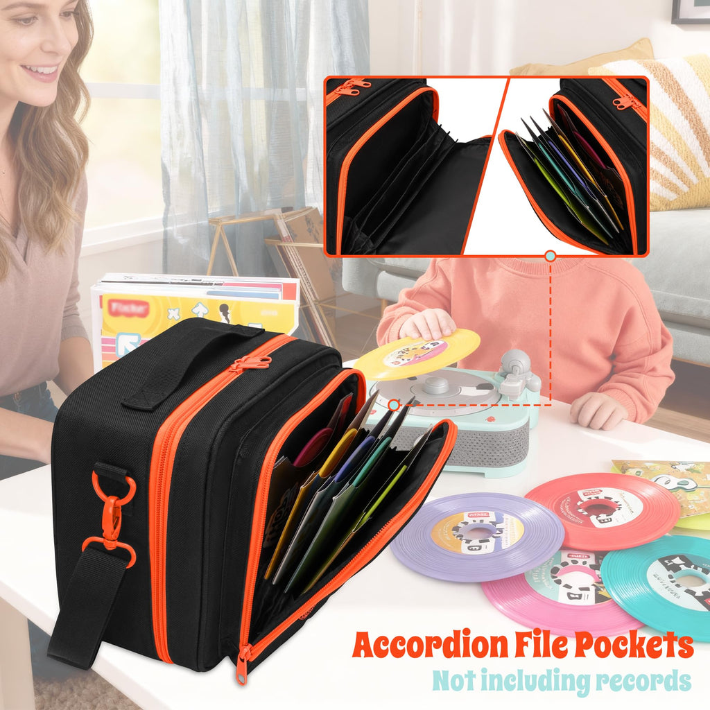 FURIMETY Records Toy Storage Bag Compatible with Fisher-Price Musical Toy Deluxe Rockin Record Player, Carrying Case with Accordion Album Pockets for kids record player, Black