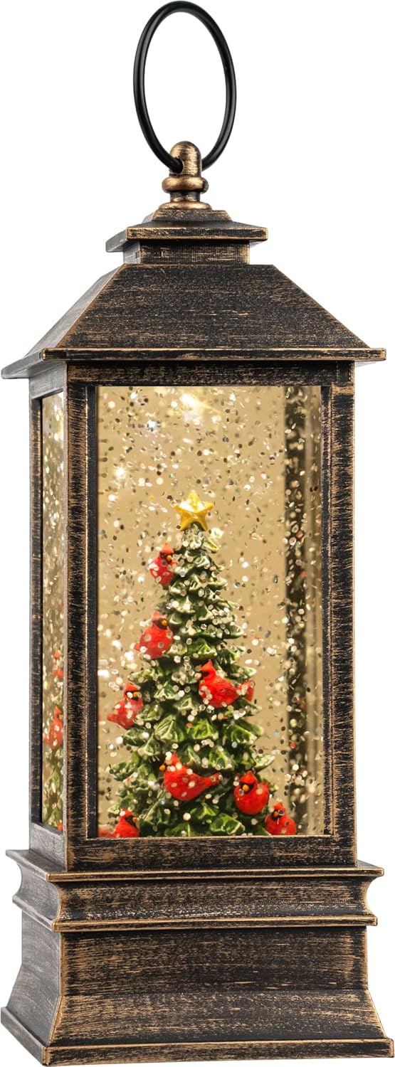 VISFLAIR 10'' Lighted Christmas Tree Snow Globe | Cardinal Music Water Lantern with Glitter Decoration