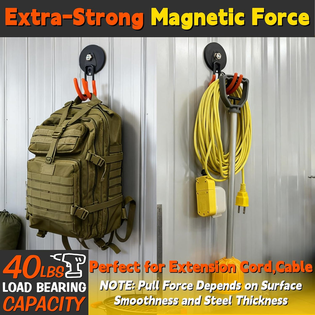 ULIBERMAGNET Ultra-Strong Magnetic Hooks - 40LB Heavy Duty Hold for Tools & Cords | 2 Pack, Orange, 3.46 Inch