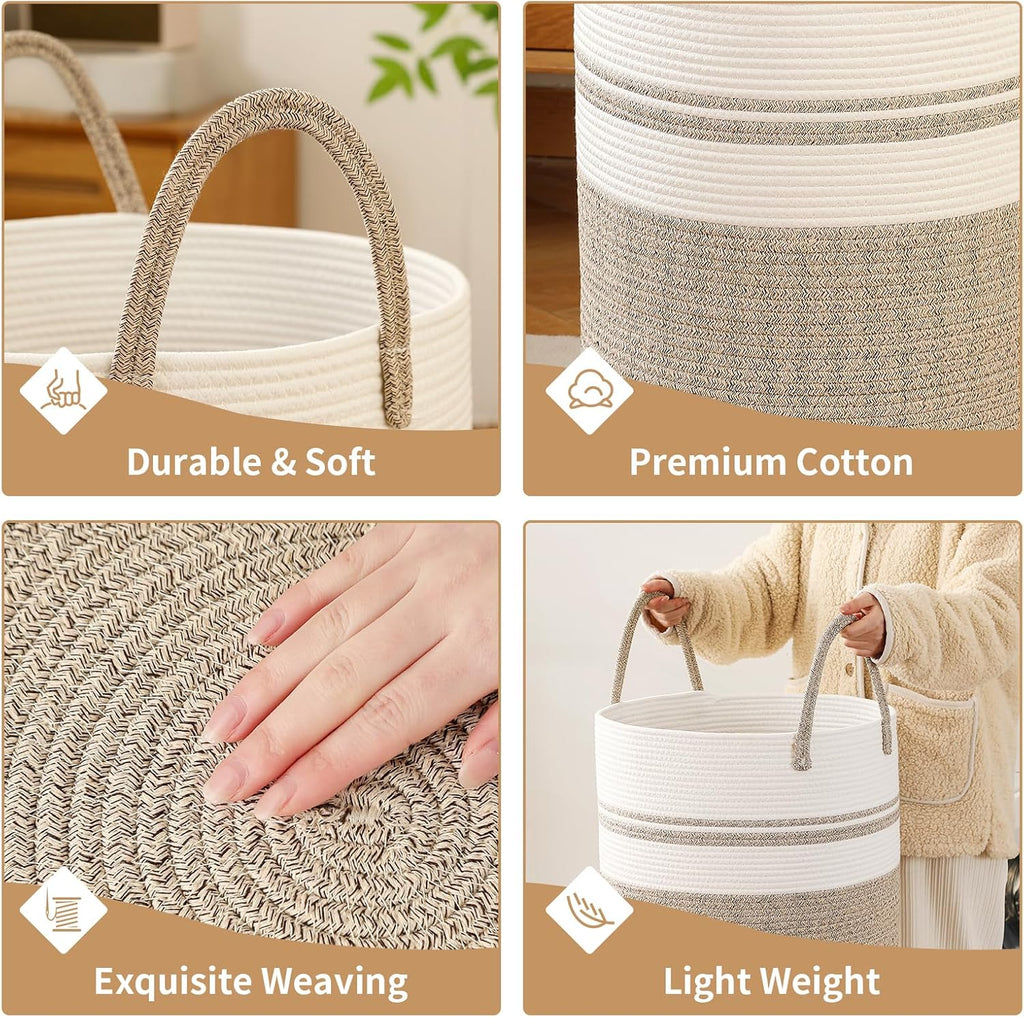 Skiennix Laundry Basket Hamper - Tall Woven Rope Storage for Blankets & Toys | 60L Brown & White