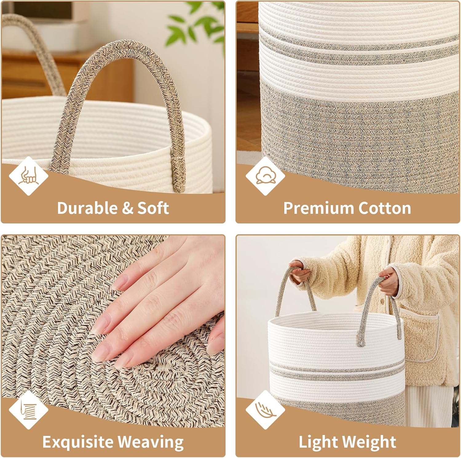 Skiennix Laundry Basket Hamper - Tall Woven Rope Storage for Blankets & Toys | 60L Brown & White