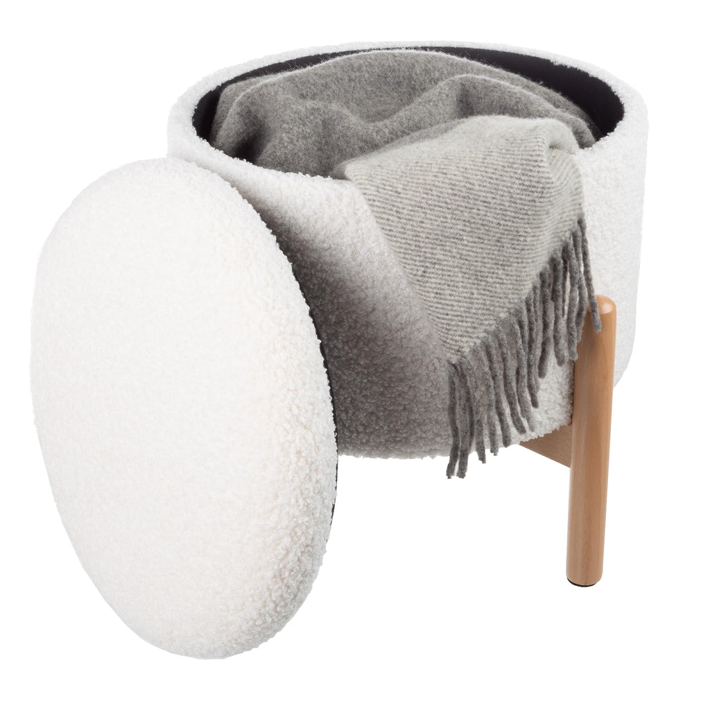 Round Sherpa Storage Ottoman Pouf with Removable Lid – Plush Couch Footrest & Hidden Organizer for Small Spaces, Dorm or Living Room by Lavish Home (White)