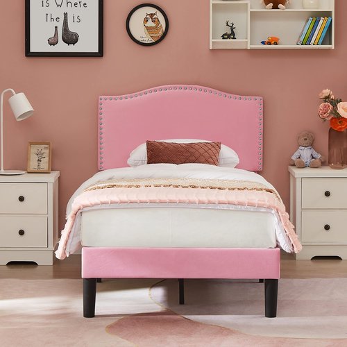 VECELO Twin Bed Frame, Platform Bed Frame with Adjustable Height Upholstered Headboard, Heavy-Duty Frames and Strong Wooden Slats Support, Non-Slip and Noise-Free, Easy Assembly, Pink