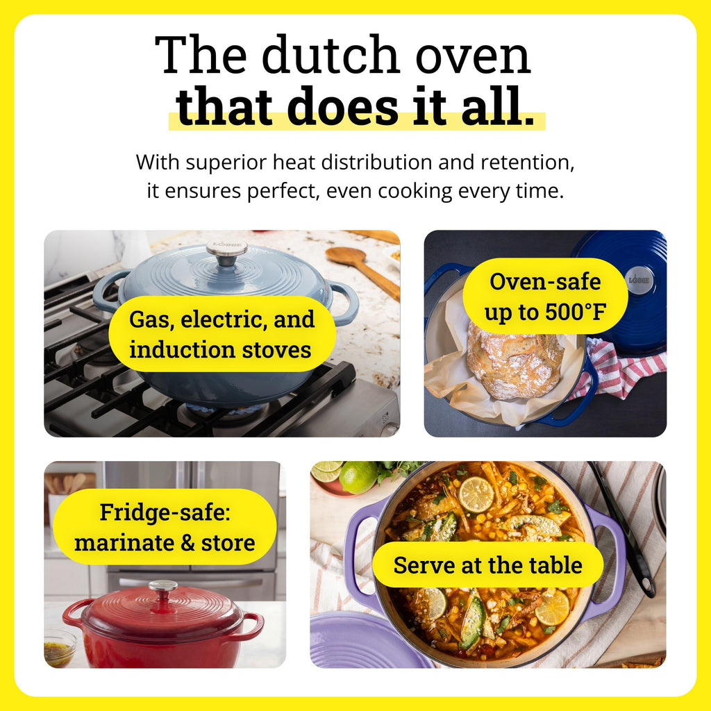 Lodge 3 Quart Enameled Cast Iron Dutch Oven with Lid – Dual Handles – Oven Safe up to 500° F or on Stovetop - Use to Marinate, Cook, Bake, Refrigerate and Serve – Storm Blue