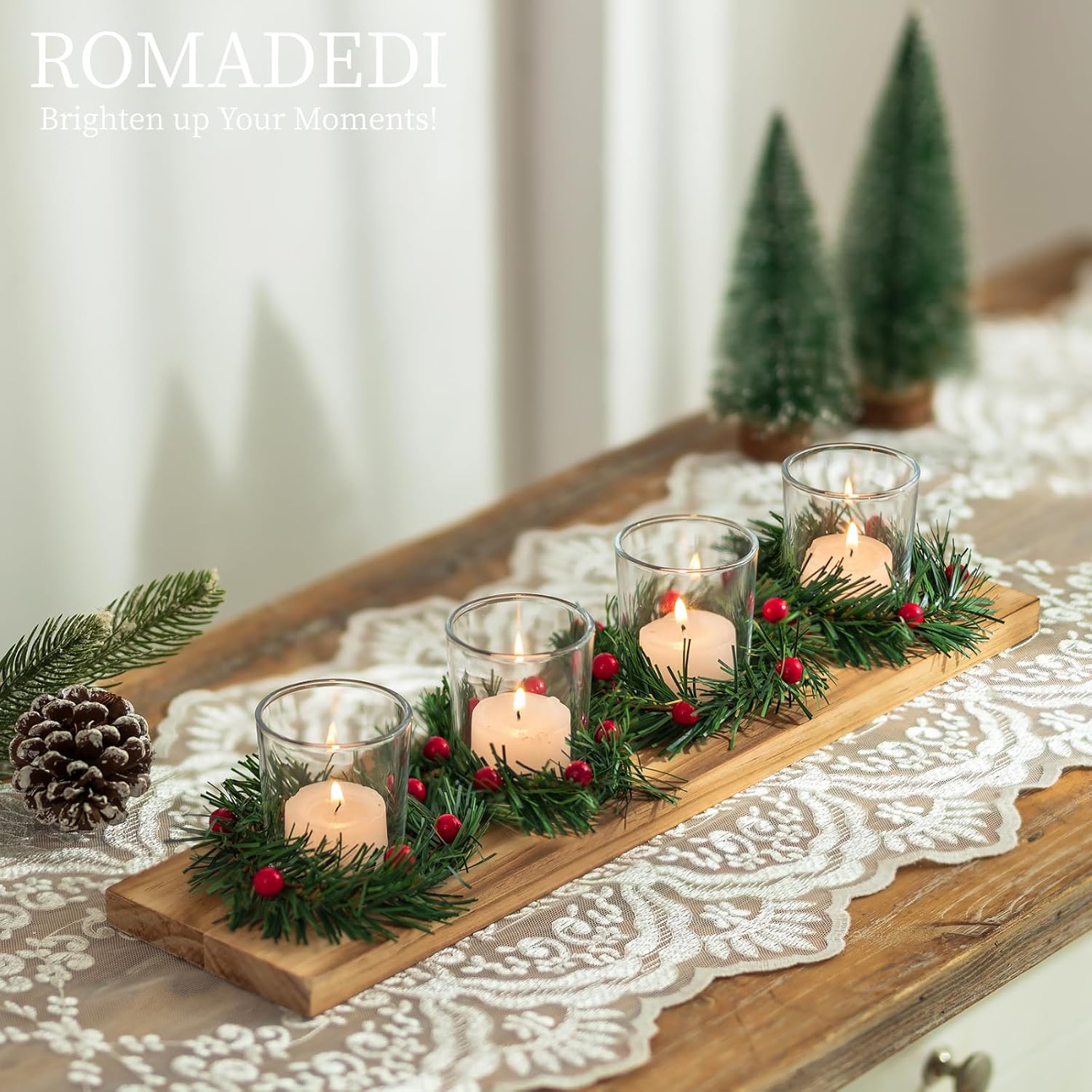 Romadedi Christmas Candle Holder - Rustic 4 Tealight Holders with Mini Wreaths | 16.5-Inch Wooden Tray for Table Centerpiece Decor