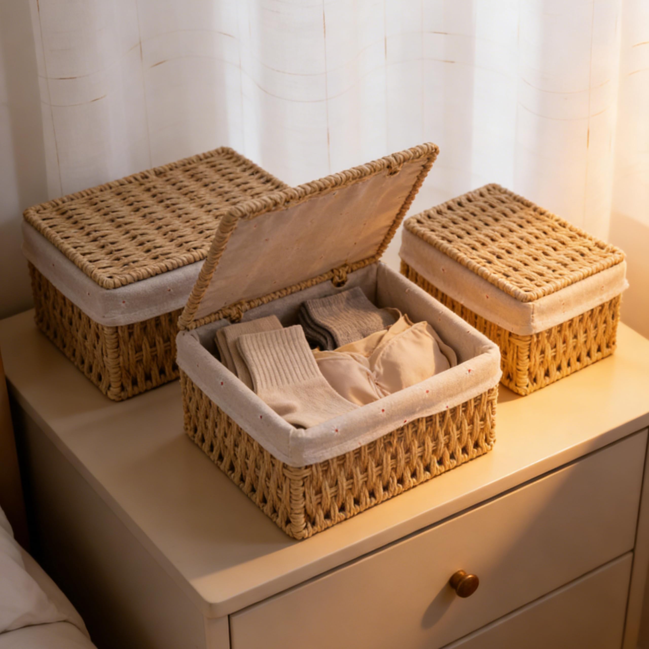 Storage Baskets with Lids, Set of 3 Wicker Baskets with Lids, Khaki Paper Rope Woven Storage Boxes with Removable Liners, Stackable Shelf Bins for Bathroom, Closet, Nursery
