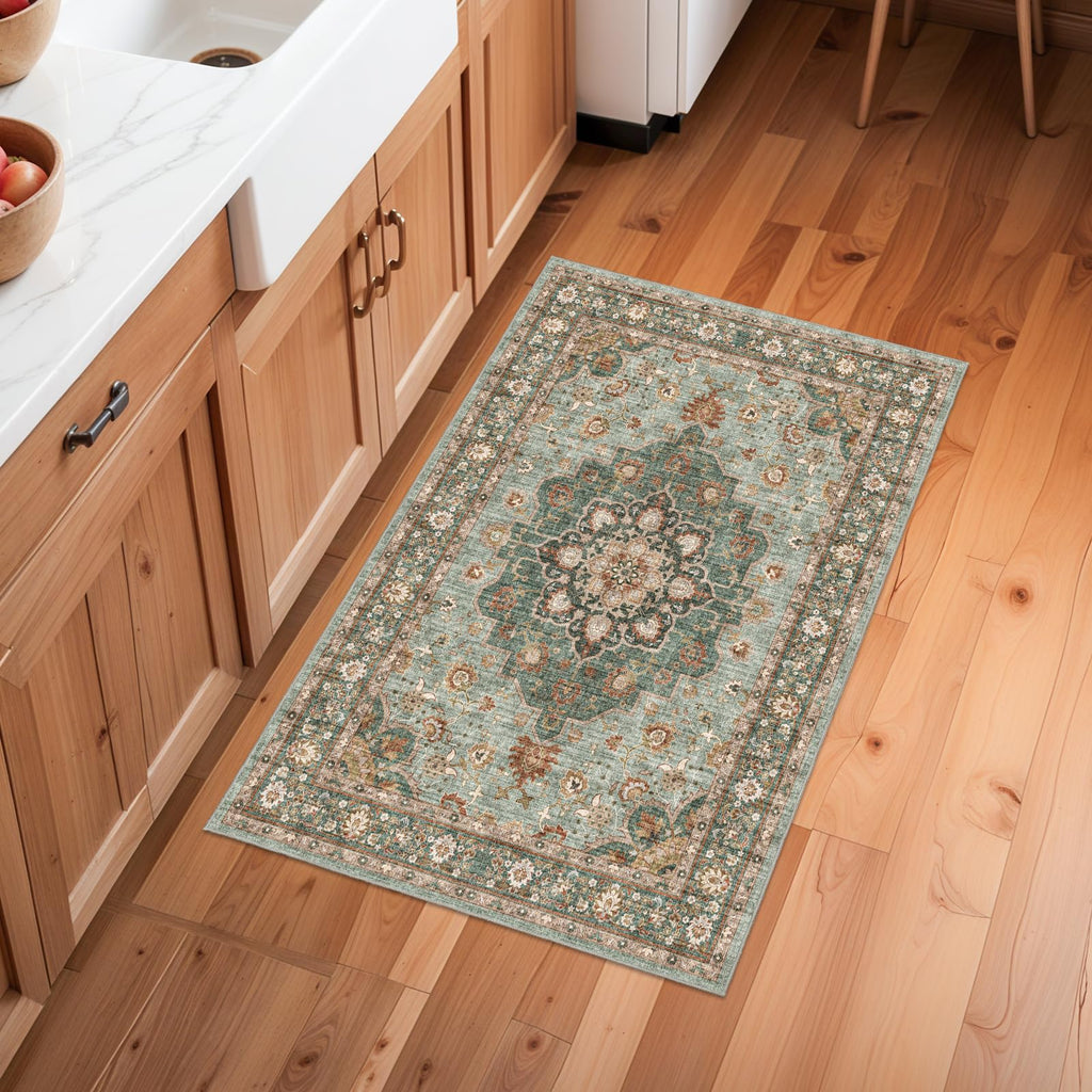 Washable Oriental Area Rug - 2x3 Rugs for Living Room Soft Carpet for Bedroom Waterproof Floral Distressed Indoor Stain Resistant Non-Shedding Floor Carpets (Green, 2x3)
