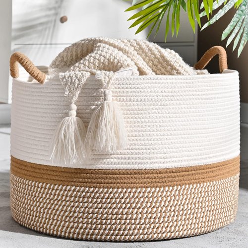 KAKAMAY Large Woven Blanket Basket - Cotton Rope Storage Hamper for Baby Laundry & Toys | White/Brown