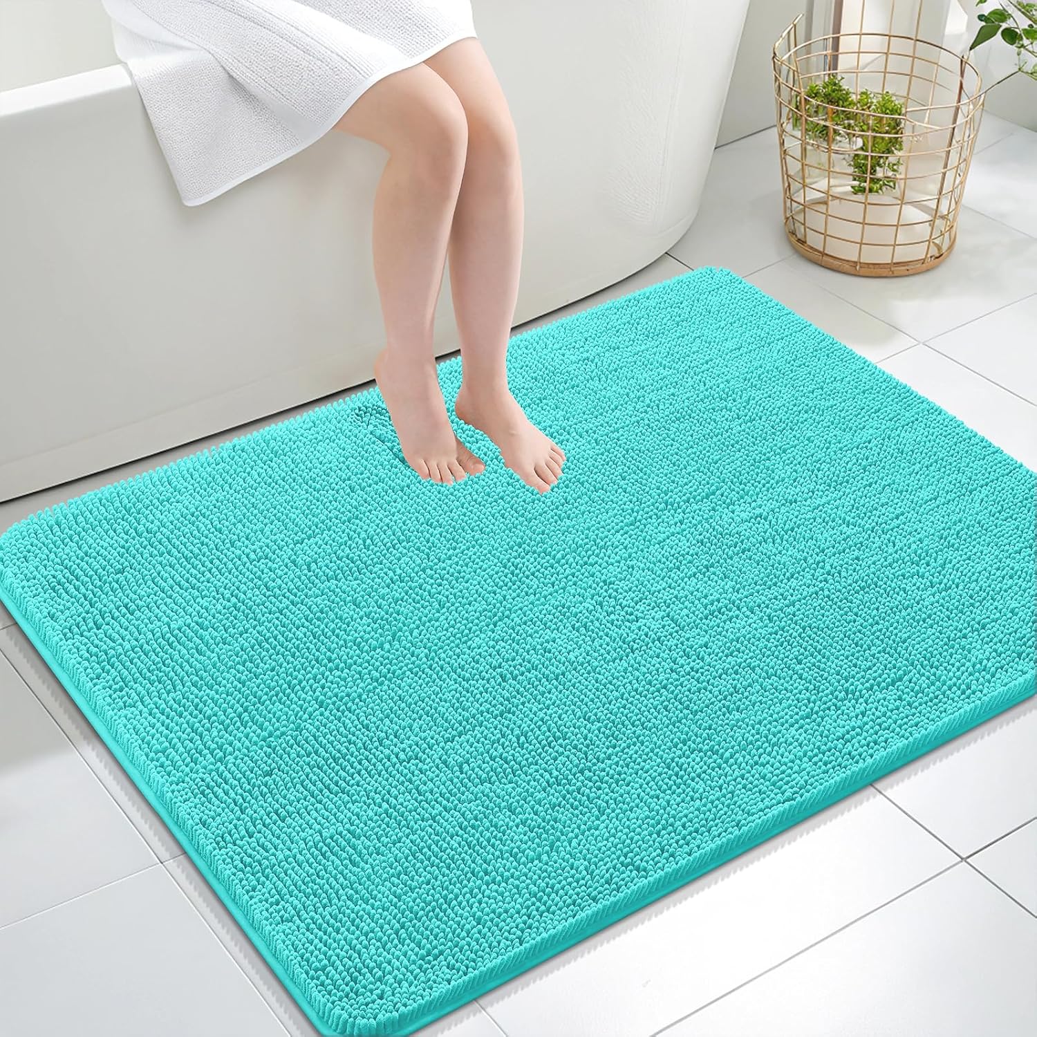 OLANLY Large Chenille Bath Rugs - Extra Soft & Absorbent | Quick Dry, Machine Washable, 40x32, Teal