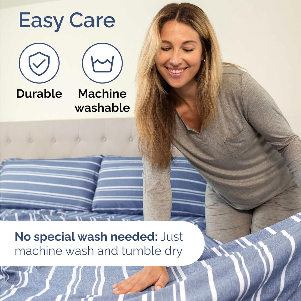 Skiennix Twin Size Sheet Set - Comfy Cooling Bed Sheets with Deep Pockets - Luxury Blue Stripes