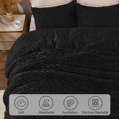 BEDELITE Fluffy King Size Comforter Set - Black Fleece Soft Comforter for King Size Bed, Luxury Warm Bedding Set for Winter, Fuzzy Bed Set 3 Pieces (1 Comforter, 2 Pillowcases)