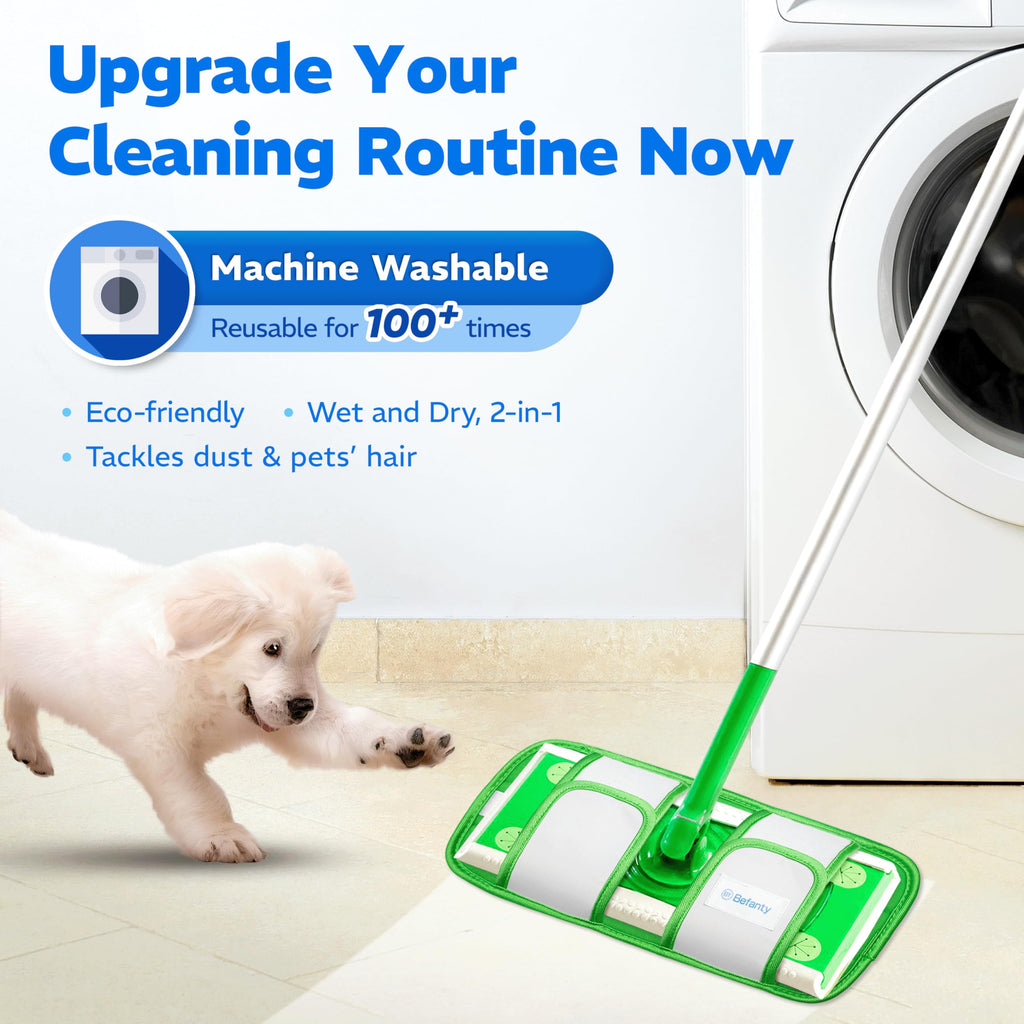 Befanty 4 Pack Reusable Microfiber Mop Pads, Compatible with Swiffer Sweeper, Machine Washable Cloths, Scraper Included, Refills for All Floor Cleaning, Hook and Loop, Wet Dry - 10"- 12"