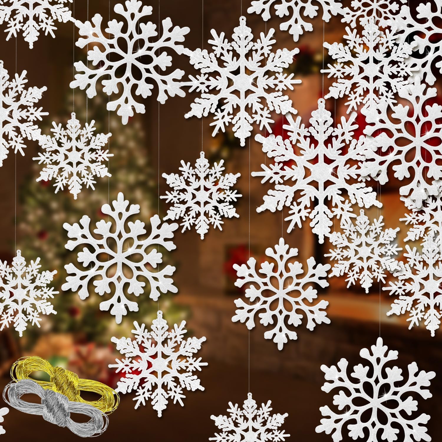 Skiennix White Glitter Snowflake Ornaments - 46 Pcs Assorted Sizes for Winter Wonderland Decor