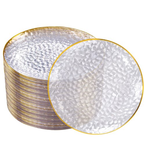 DaYammi 100 Pcs Gold Plastic Plates - 10 inch Clear Gold Dinner Plates Plastic Plates Disposable - Hammer Pattern Design - Fancy Disposable Plate - Heavy Duty Party Plate Ideal for Wedding