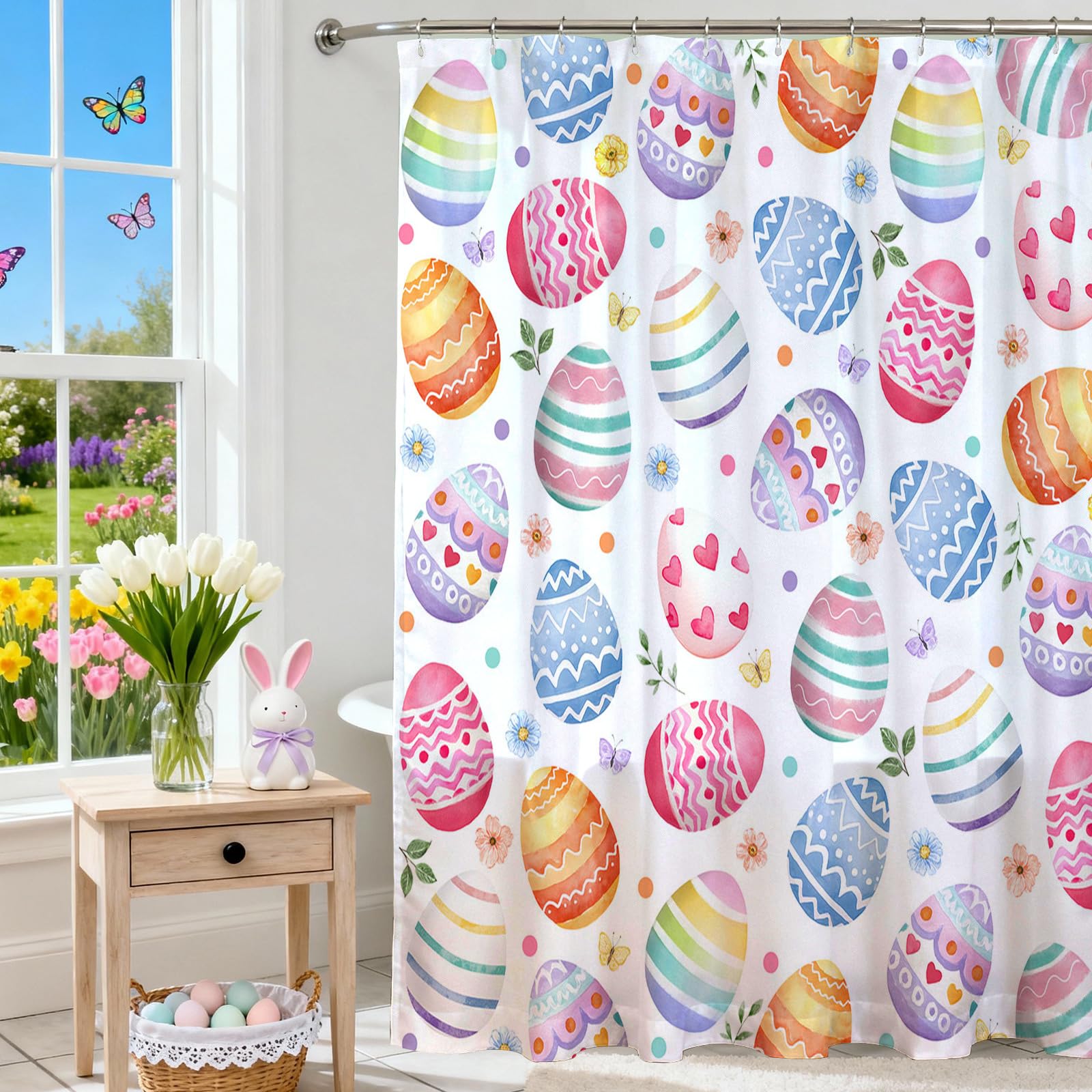 Mocsicka Easter Eggs Shower Curtain Happy Easter Bathroom Shower Curtain Spring Holiday Waterproof Fabric Shower Curtains Bathtub Decor with 12 Hooks 72 X 72 Inches