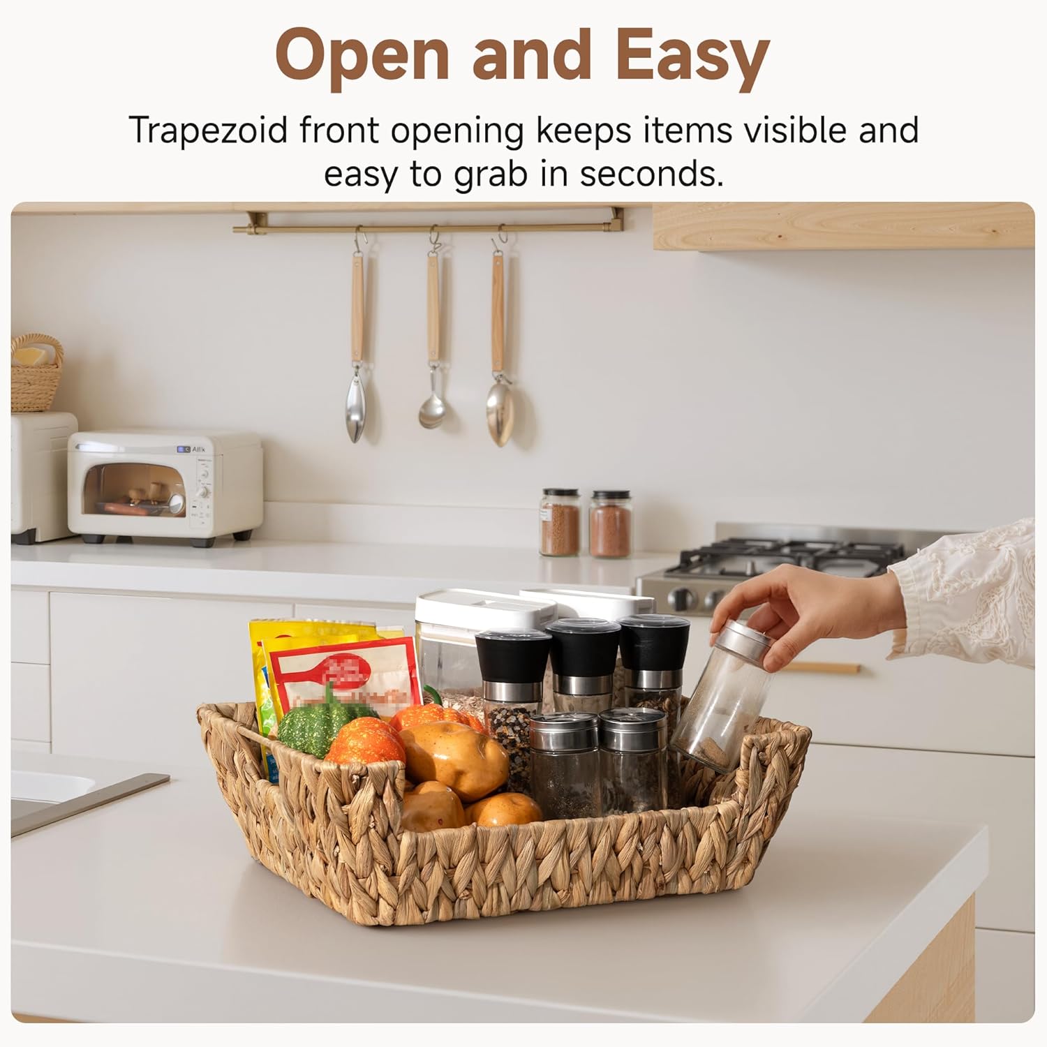 StorageWorks Water Hyacinth Baskets - Stackable Wicker Pantry Organizers with Built-in Handles | 2-Pack