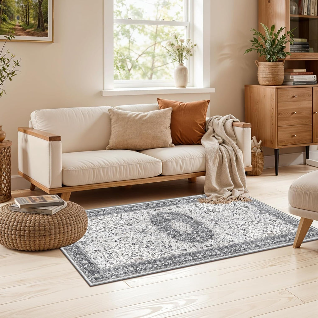 Skiennix Washable Kitchen Sink Rugs - Non-Slip Soft Stain Resistant Mat | 2x4 Grey Boho Decor