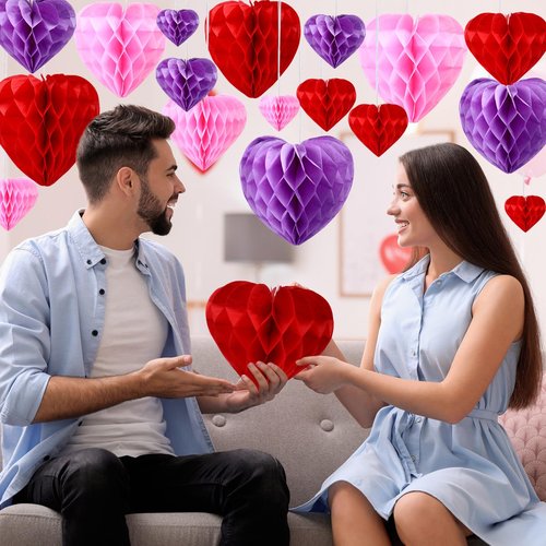Seajan 30 Pcs Heart Honeycomb Party Decorations Pink Red Light Purple Tissue Paper Heart Shaped Pom Poms Decoration Valentine Hanging Decorations for Birthday Wedding, 5 Size