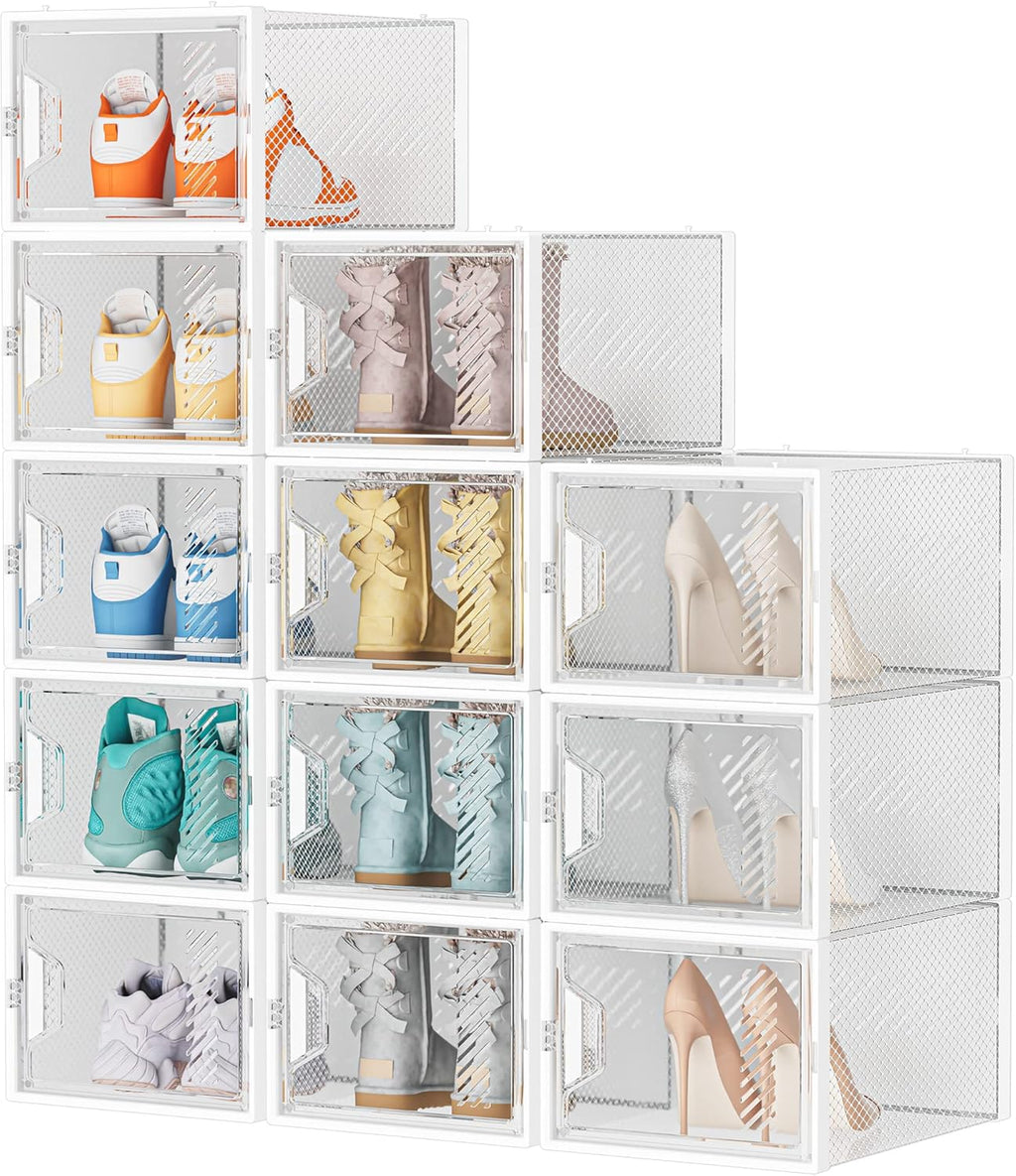 Skiennix Shoe Organizer - 12 Pack X-Large Clear Plastic Stackable Storage Boxes for Size 13