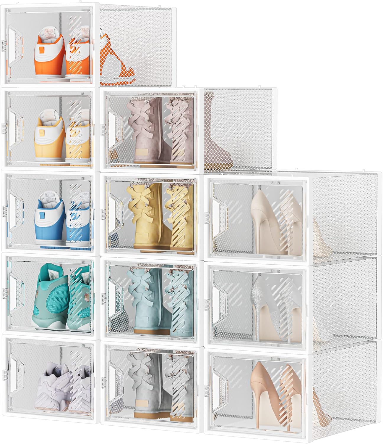 Skiennix Shoe Organizer - 12 Pack X-Large Clear Plastic Stackable Storage Boxes for Size 13