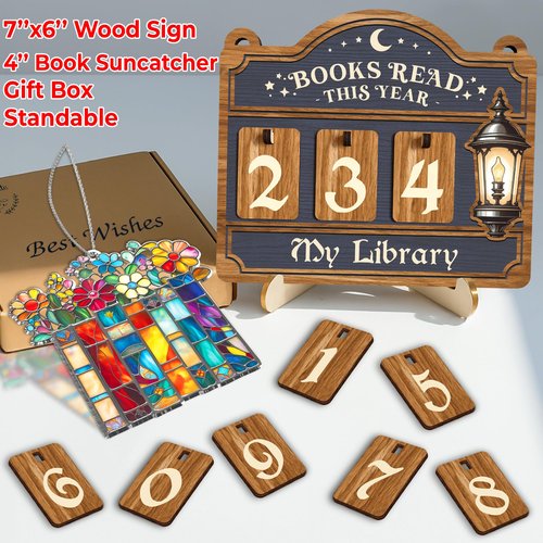 Books Read This Year Counter, Reading Tracker Sign for Home Library Decor, Book Suncatcher Ornament, Book Lover Gift for Librarian, Reader, Teacher, Women, Bookshelf Accessories for Wall & Table FF754