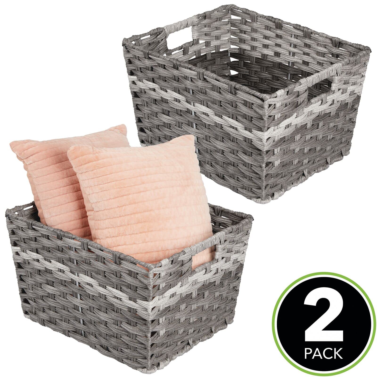 mDesign Wide Rectangular Woven Braided Rope Home Storage Baskets with Handles - for Organizing Closet, Bedroom, Bathroom, Living Room, Entryway, Office - 8.25" High, 2 Pack - Gray