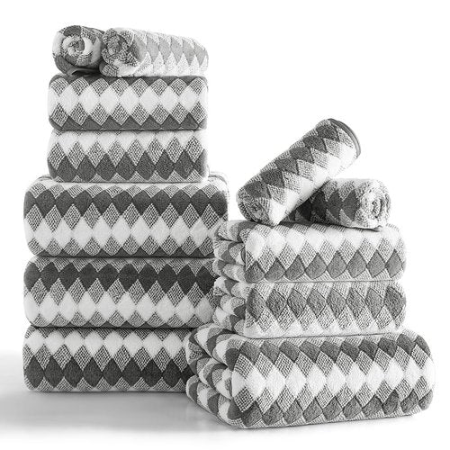 12 Pcs Gray White Diamond Towel Set-4 Bath Towels,4 Hand Towels,4 Washcloths Soft Polyester Towels with Loop Absorbent Shower Towel Quick Dry Beach Chair Towel Family Towels for Bathroom Spa Gym Pool