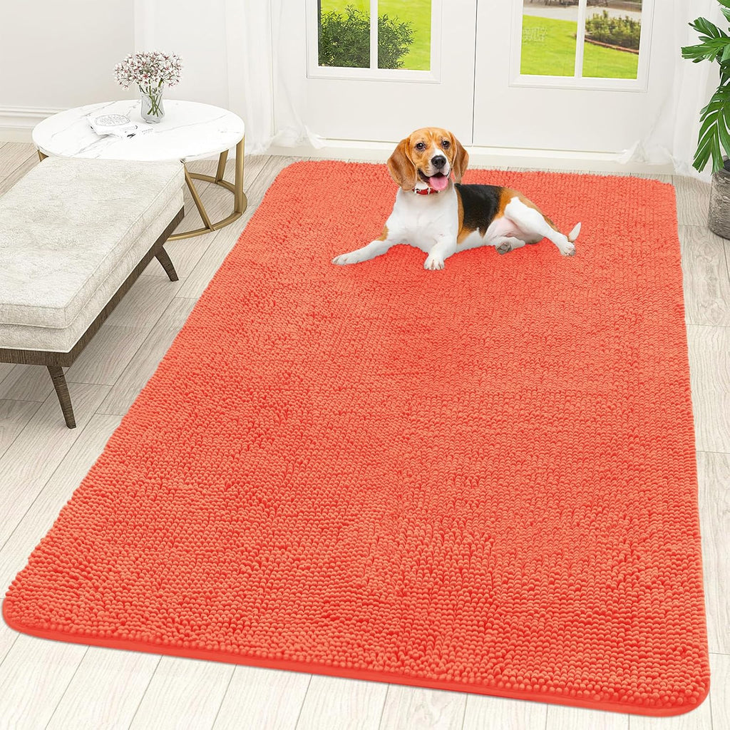 OLANLY Dog Door Mat - Absorbent Non-Slip Chenille Mat for Muddy Paws | 70x46 Coral, Quick Dry & Washable