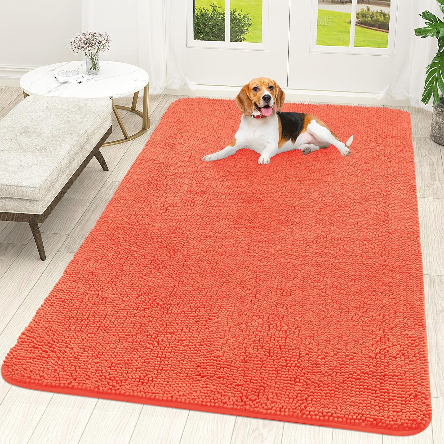 OLANLY Dog Door Mat - Absorbent Non-Slip Chenille Mat for Muddy Paws | 70x46 Coral, Quick Dry & Washable