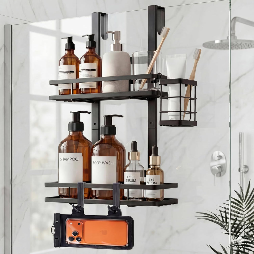 Skiennix Over The Door Shower Caddy - Rustproof 2-Tier Bathroom Organizer with Waterproof Phone Pouch - Black