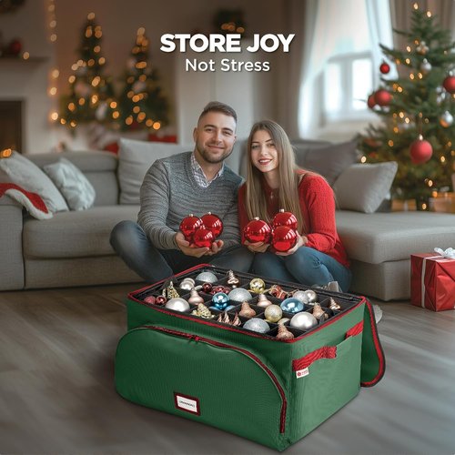 HOLDN’ STORAGE Christmas Ornament Storage Container - Holds Up to 72 4-Inch Ornaments | Durable 600D Fabric, Adjustable Dividers, Green