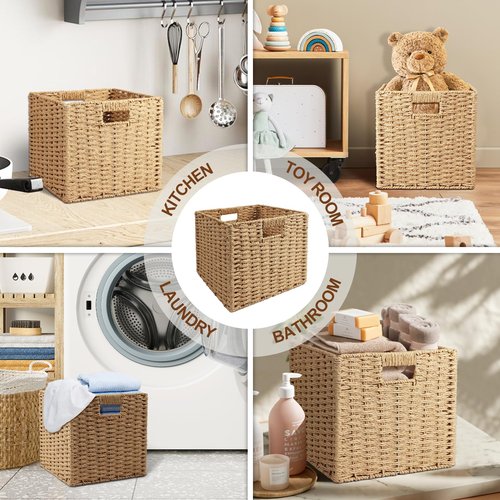 2 Pack 11x11x11 Storage Cubes, 11 inch Cube Storage Bins, Woven Baskets with Handle & No Lid, Square Wicker Baskets for Organizing, Large Collapsible Foldable Basket for Shelf Bedroom Living Room