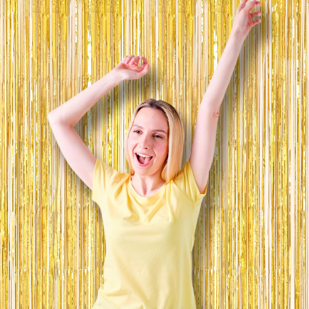 Voircoloria Laser Gold Foil Fringe Backdrop Curtains - 3 Pack Tinsel Streamers for Parties | 3.3 x 8.2 ft