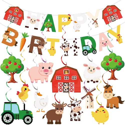 50 PCS Farm Animals Party Decorations Happy Birthday Banner and Hanging Swirls Animal Theme Foil Hanging Streamers for Farm Theme Birthday Party Supplies