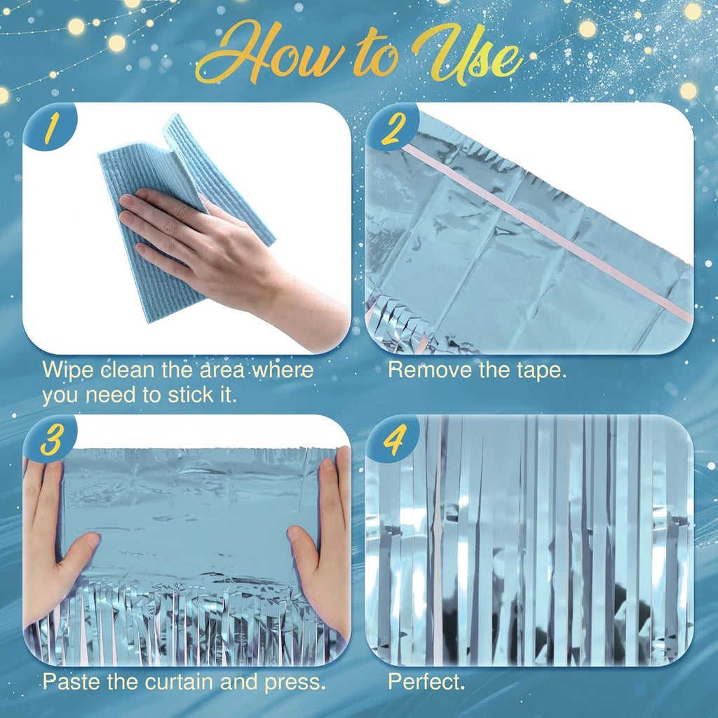 Skiennix Light Blue Fringe Backdrop - 3.2x8.2ft Shining Foil Tinsel Curtains for Parties & Events