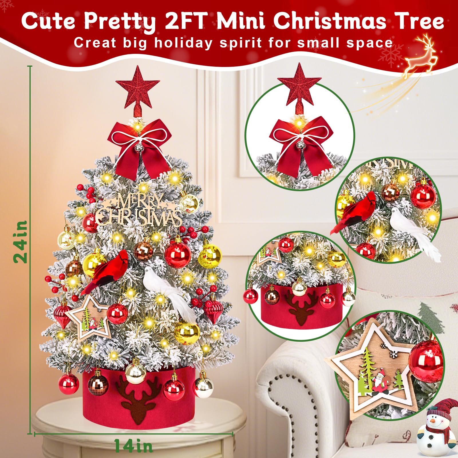 MARTINE MALL 2FT Small Christmas Tree with 30 LED Lights, Snowy Flocked Mini Christmas Tree Artificial Tabletop Xmas Trees with Cardinal Birds Red Bow Star Hanging Ornaments for Table Desk Small Space