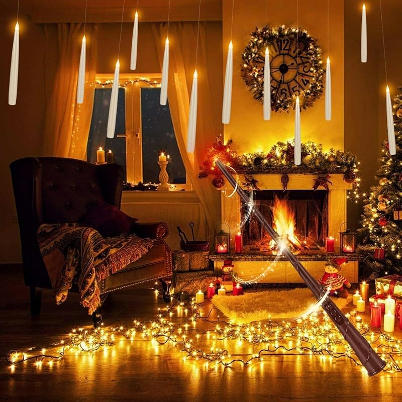 White 24-Pack Floating LED Candles with Magic Wand - Flameless Taper Candles for Halloween & Holiday Decor