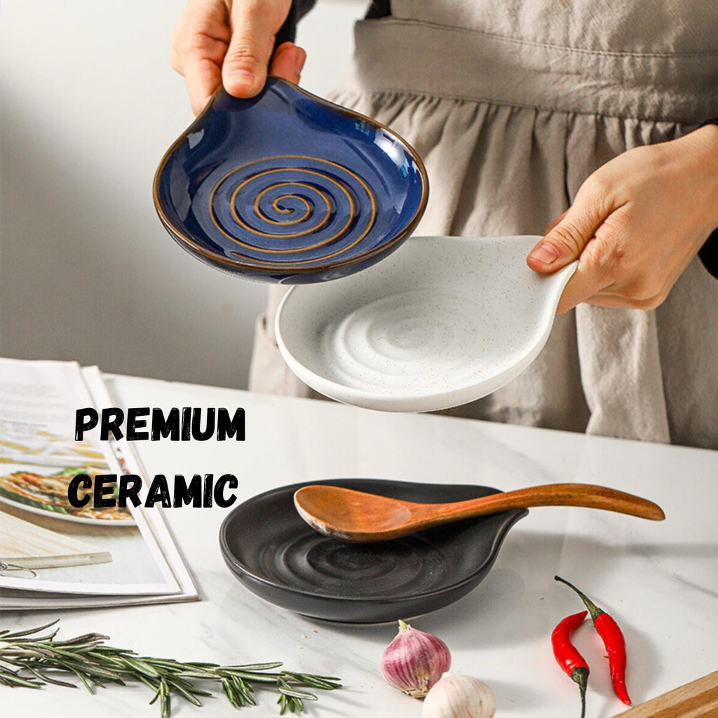 THRYVONA Spoon Rest for Stove Top, 6.2" Large Ceramic Spoon Holder for Kitchen Counter, Cooking Utensil Rest for Spatula, Spoon & Ladle, Modern Kitchen Decor, Matte Black, Housewarming Gift