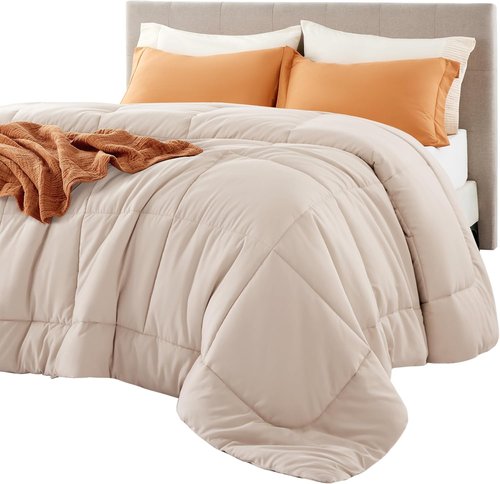 Bedsure Comforter Duvet Insert - All-Season Quilted Queen Plus Size Bedding, GentleSoft Down Alternative, Beige 90 x 90 Inches
