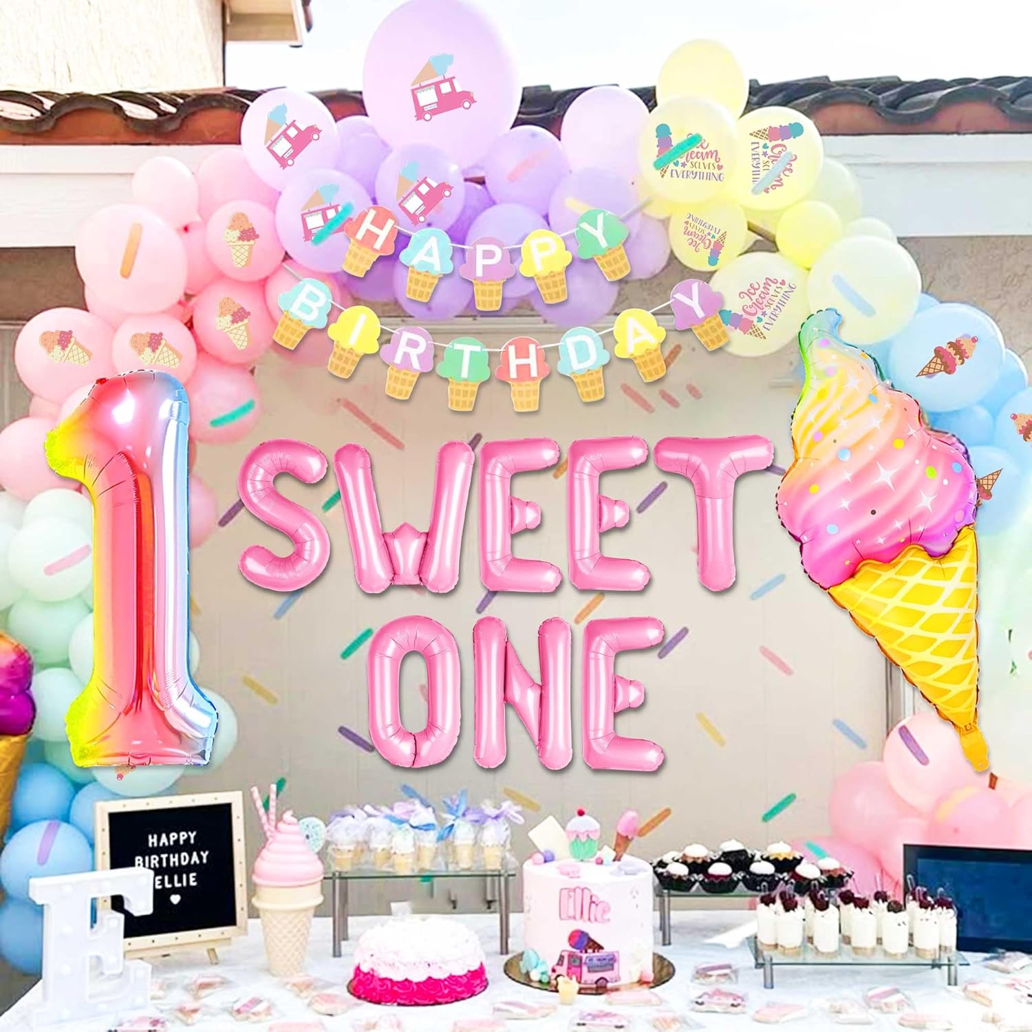 Sweet One 1st Birthday Decorations for Girls - Donut & Ice Cream Theme Party Supplies Set